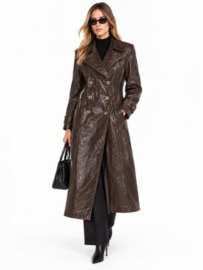 Vintage Dark Brown Patent Leather Look Double Breasted Maxi Trench Coat medium l